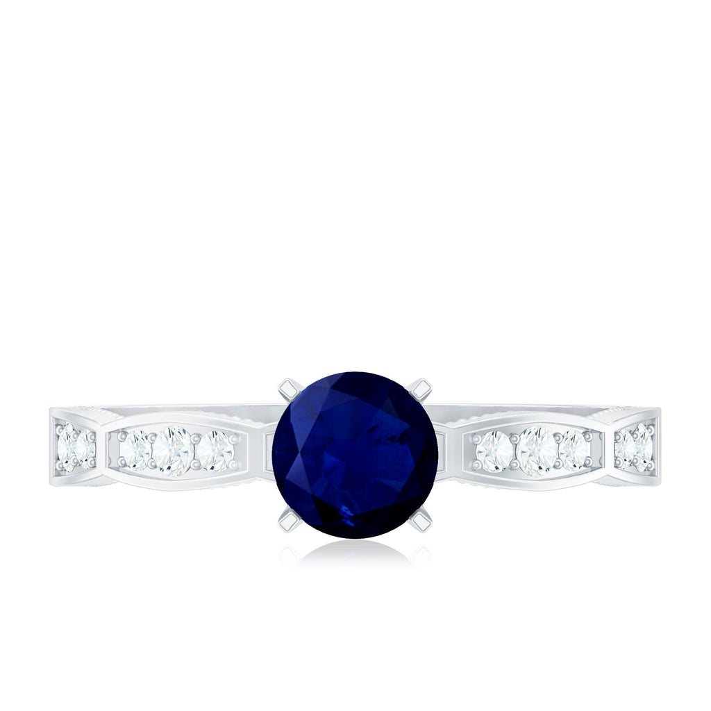 Blue Sapphire Engagement Ring, 0.95 Carat Diamond Band For Women.