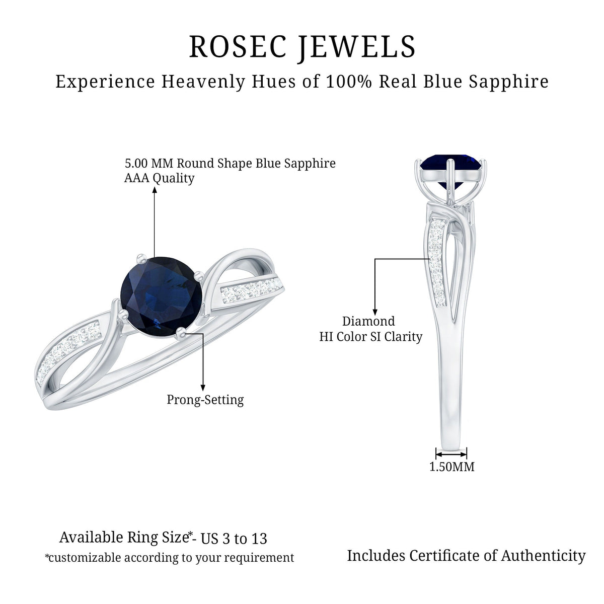 Blue Sapphire Engagement Ring, 0.95 Carat Diamond Infinity Band