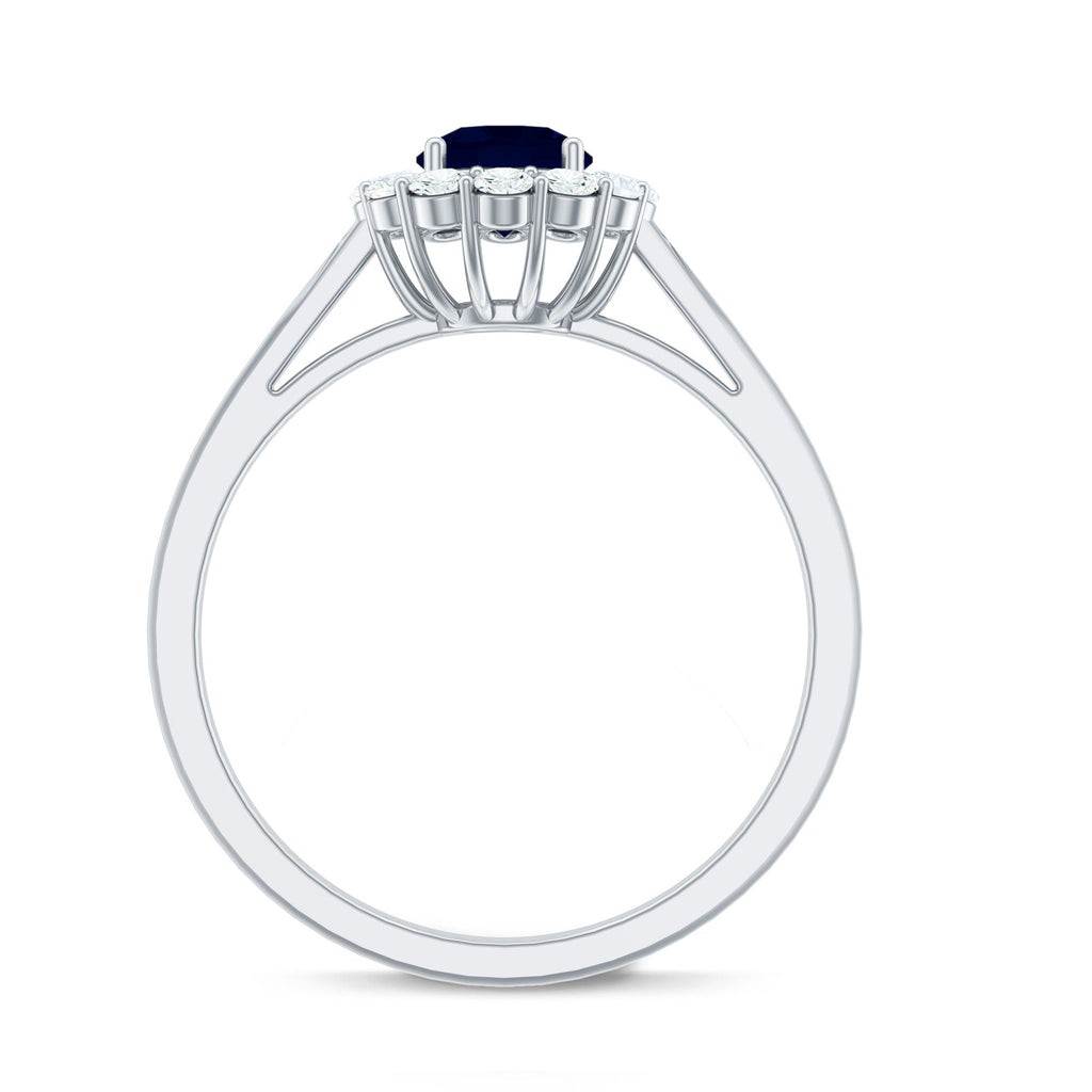 Blue Sapphire Engagement Ring, 0.95 Carat Round Diamond Halo