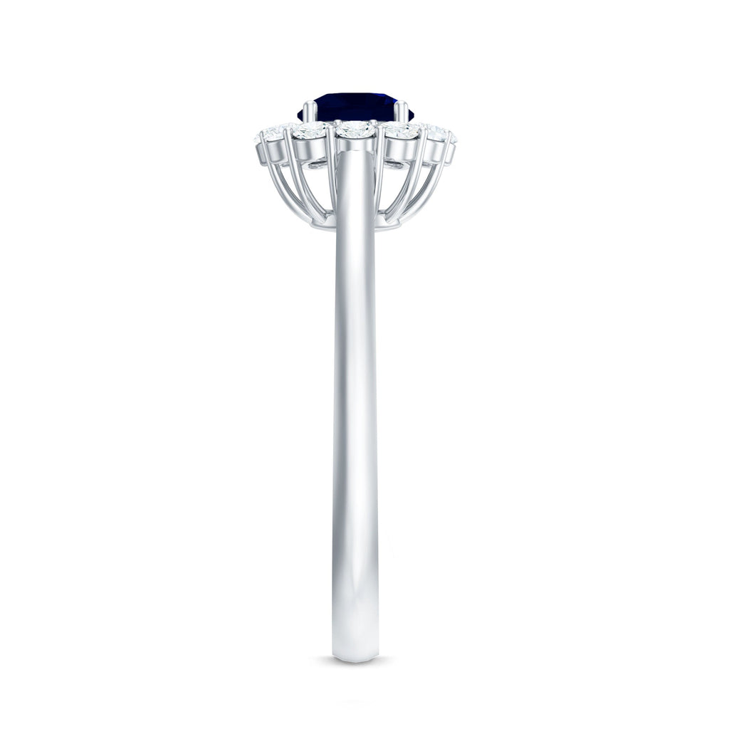 Blue Sapphire Engagement Ring, 0.95 Carat Round Diamond Halo