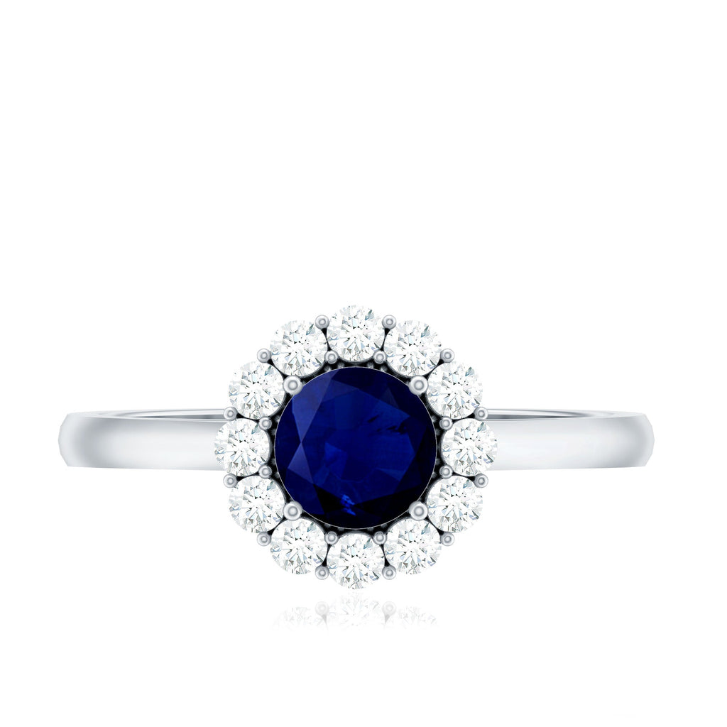 Blue Sapphire Engagement Ring, 0.95 Carat Round Diamond Halo