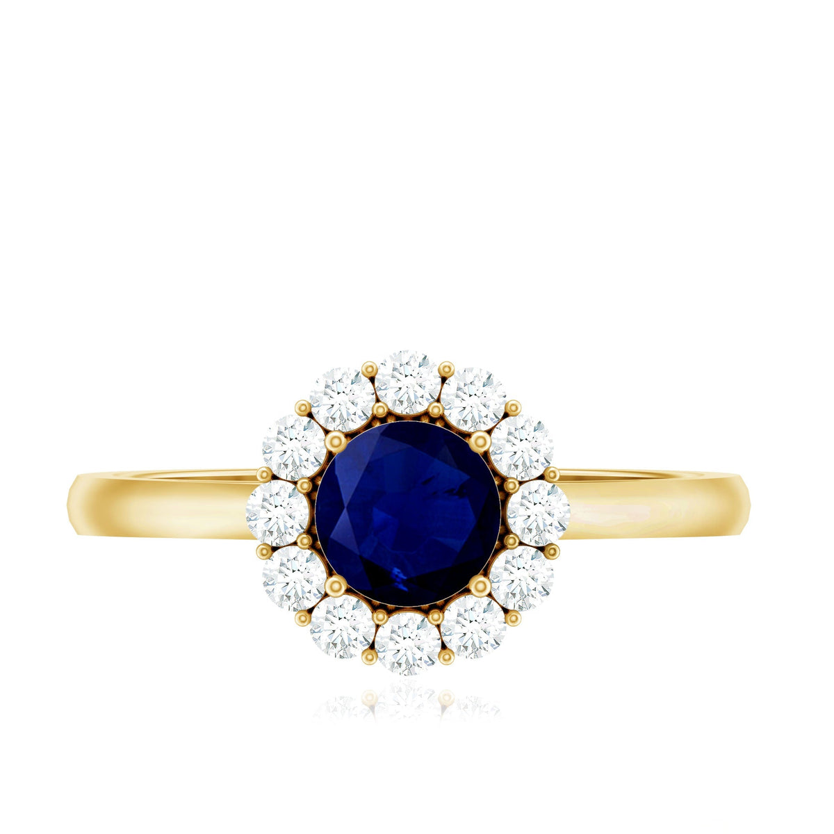 Blue Sapphire Engagement Ring, 0.95 Carat Round Diamond Halo