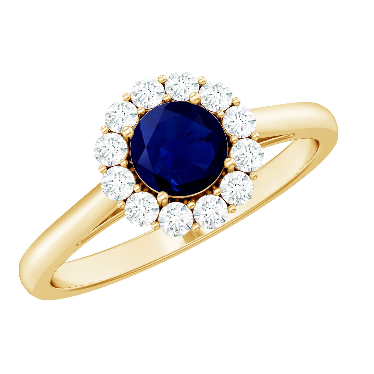 Blue Sapphire Engagement Ring, 0.95 Carat Round Diamond Halo