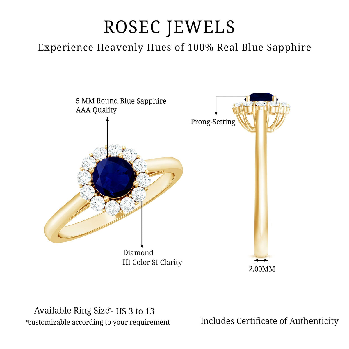 Blue Sapphire Engagement Ring, 0.95 Carat Round Diamond Halo