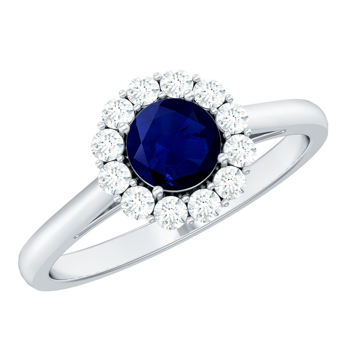 Blue Sapphire Engagement Ring, 0.95 Carat Round Diamond Halo