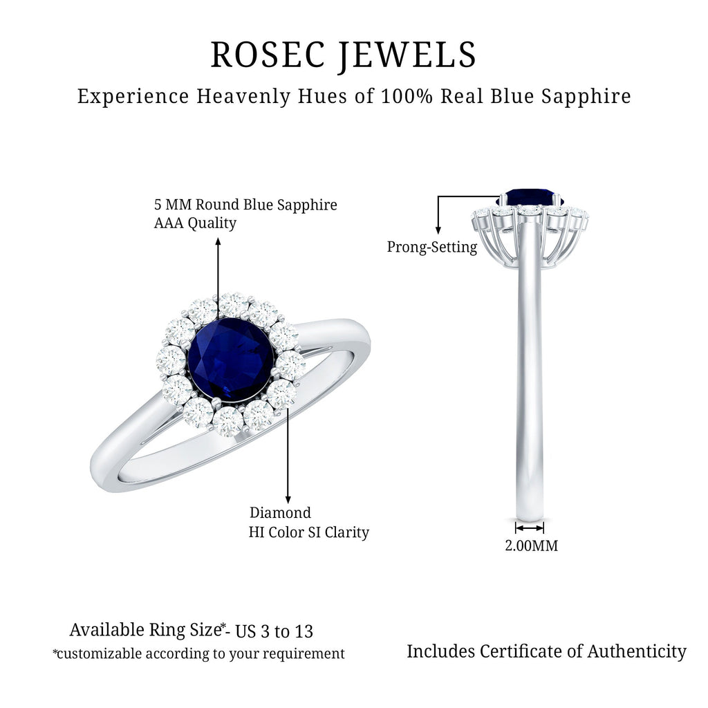 Blue Sapphire Engagement Ring, 0.95 Carat Round Diamond Halo