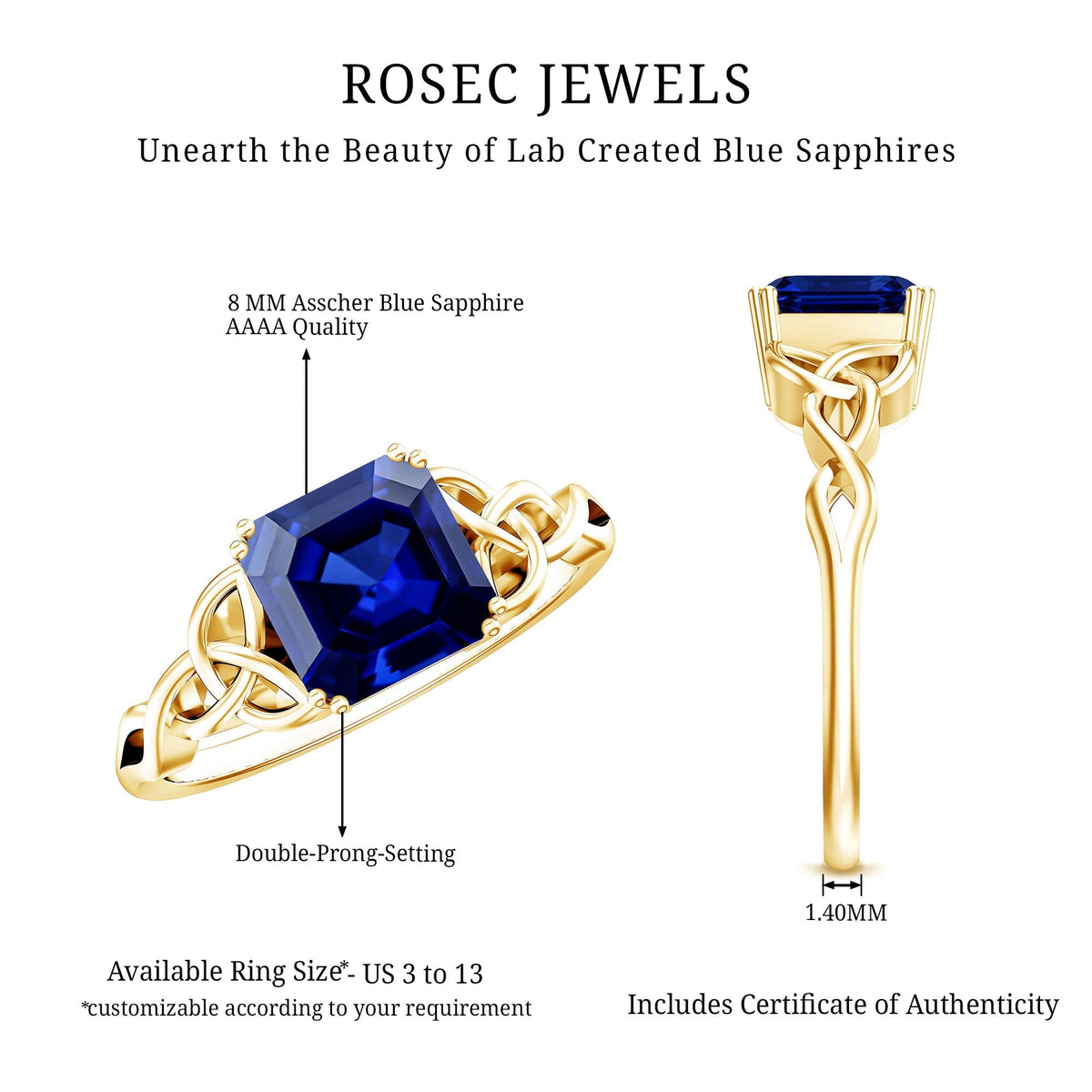 Blue Sapphire Engagement Ring, 4.8 Carat Asscher Cut Celtic Knot