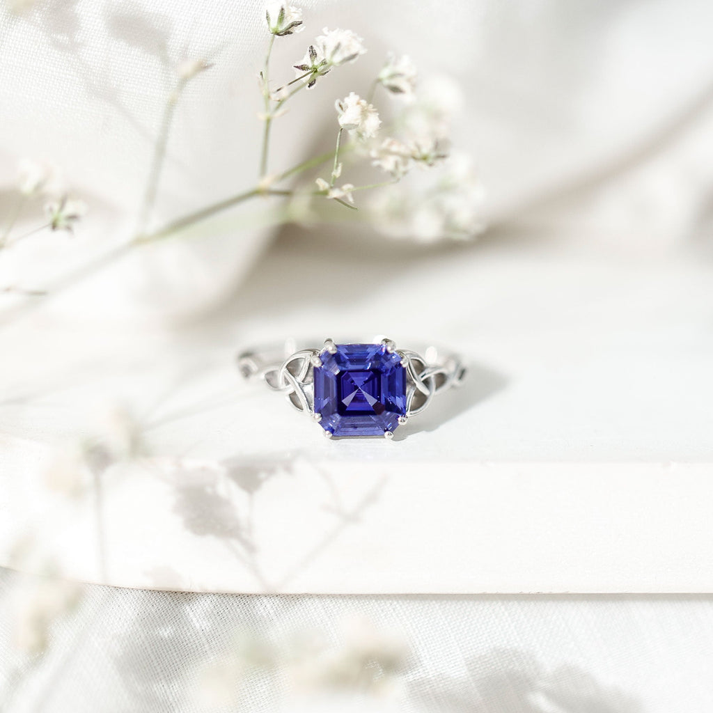 Blue Sapphire Engagement Ring, 4.8 Carat Asscher Cut Celtic Knot