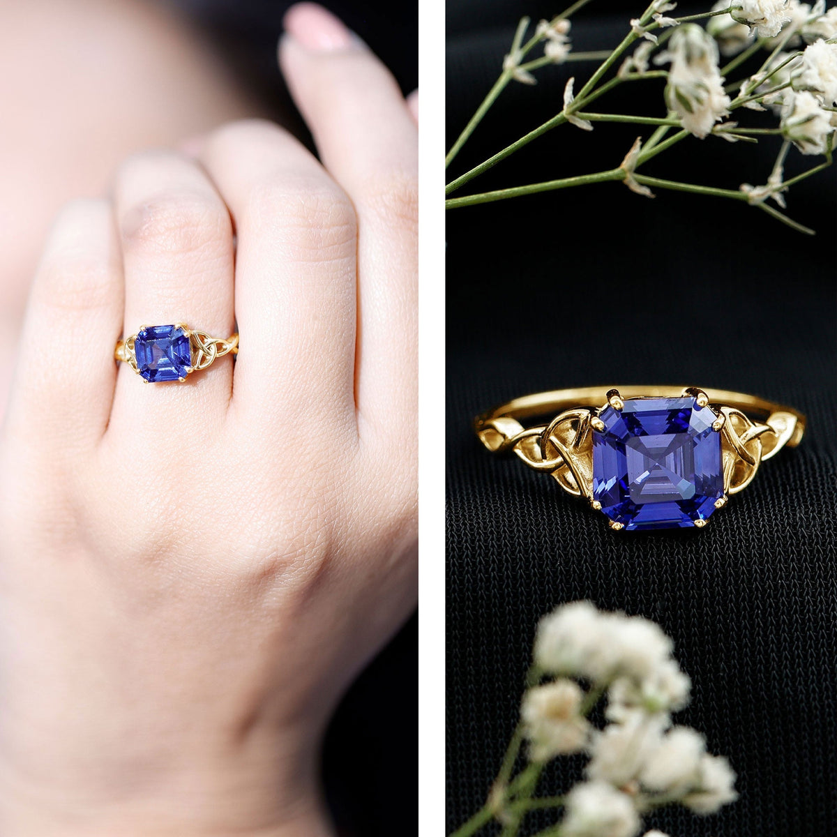 Blue Sapphire Engagement Ring, 4.8 Carat Asscher Cut Celtic Knot