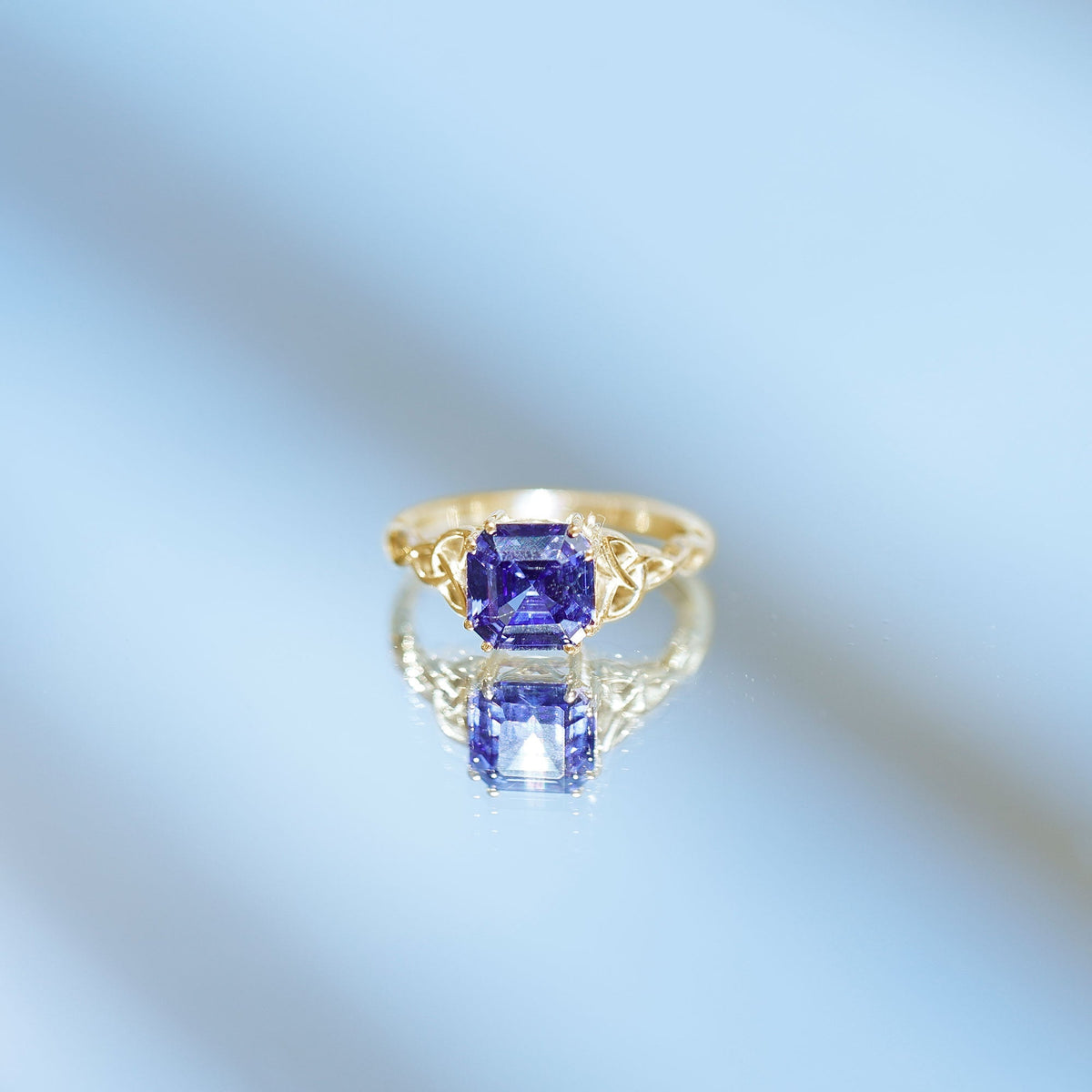 Blue Sapphire Engagement Ring, 4.8 Carat Asscher Cut Celtic Knot