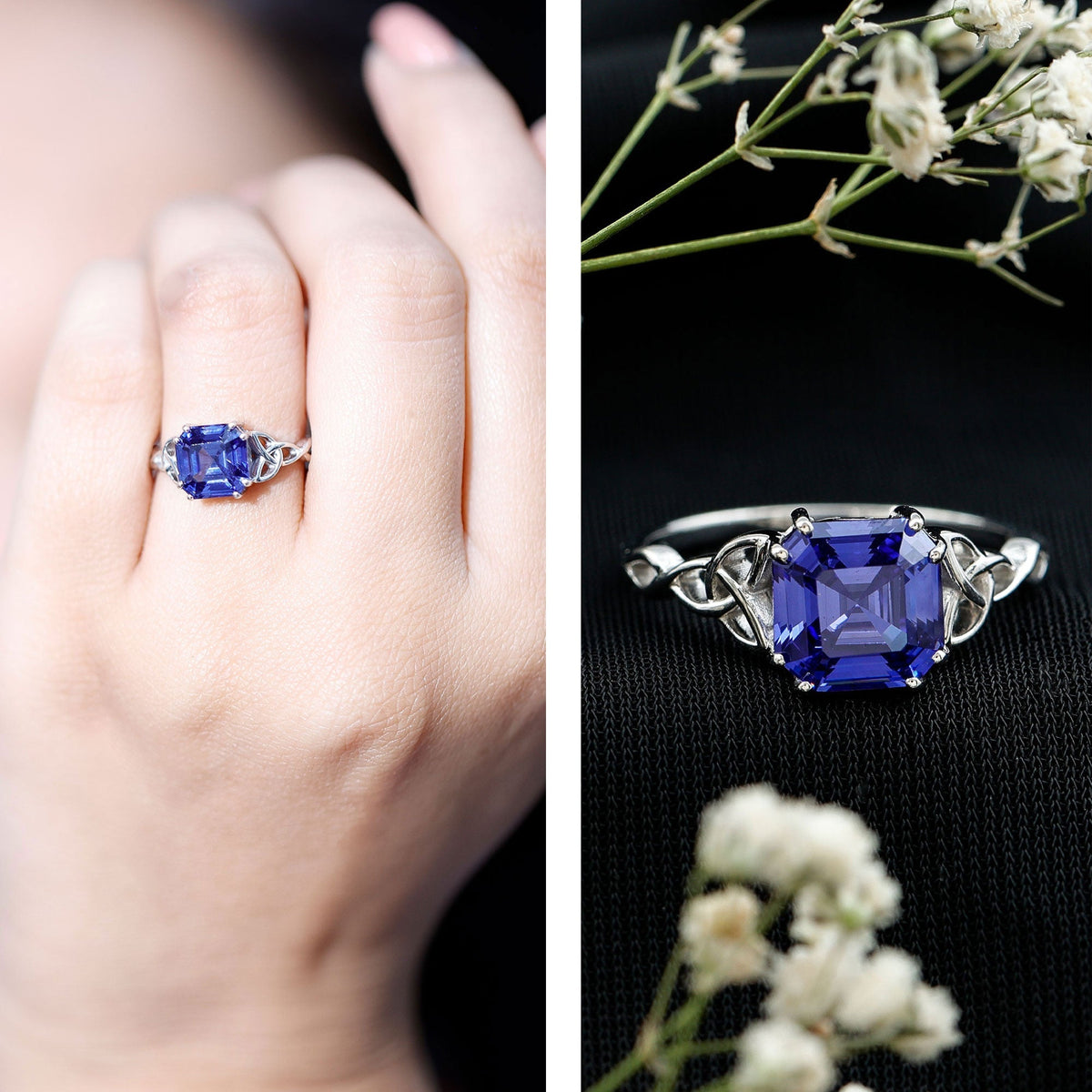 Blue Sapphire Engagement Ring, 4.8 Carat Asscher Cut Celtic Knot