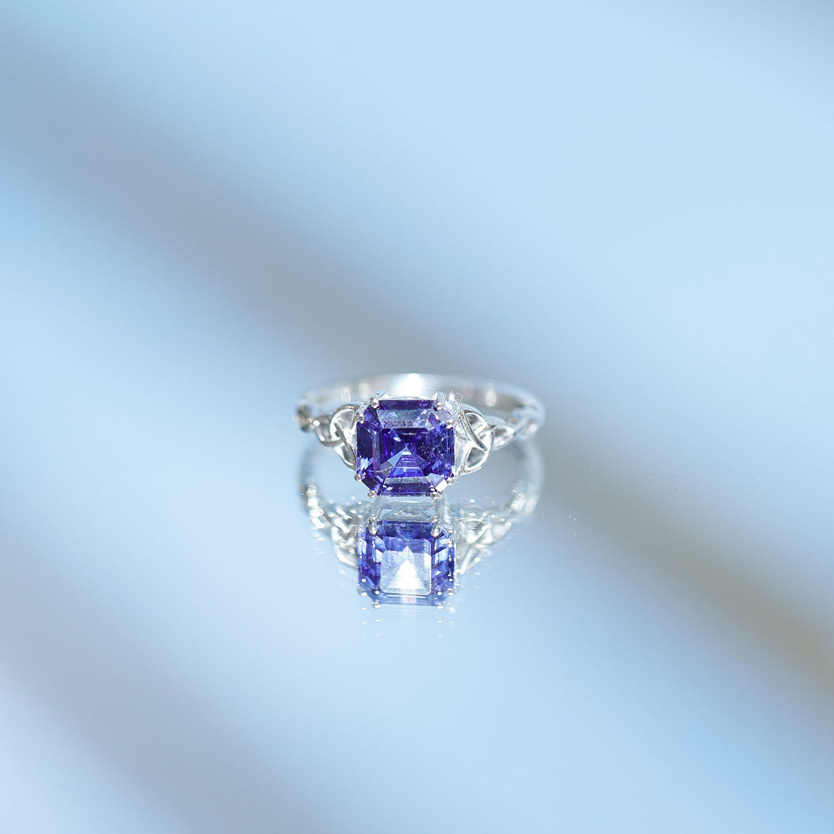 Blue Sapphire Engagement Ring, 4.8 Carat Asscher Cut Celtic Knot