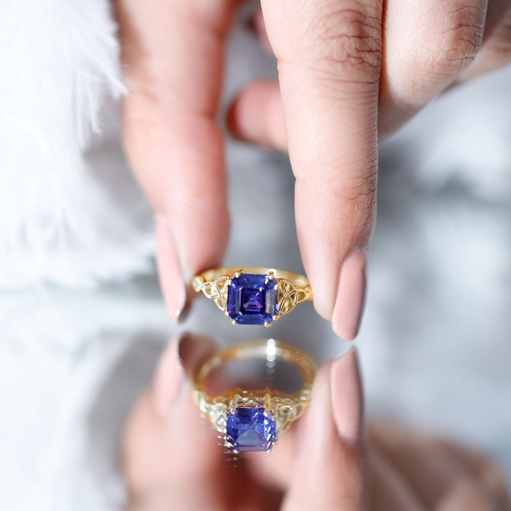 Blue Sapphire Engagement Ring, 4.8 Carat Asscher Cut Celtic Knot
