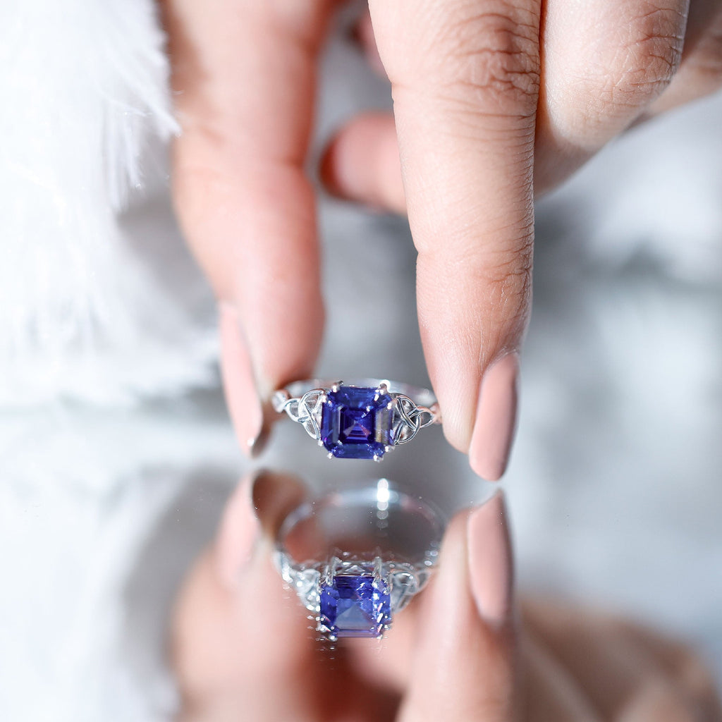 Blue Sapphire Engagement Ring, 4.8 Carat Asscher Cut Celtic Knot