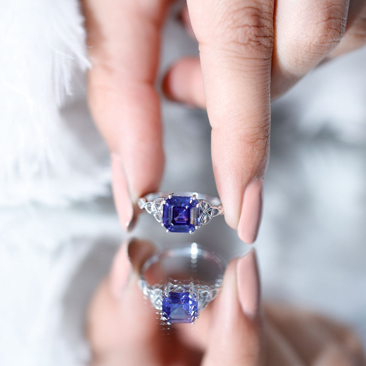 Blue Sapphire Engagement Ring, 4.8 Carat Asscher Cut Celtic Knot