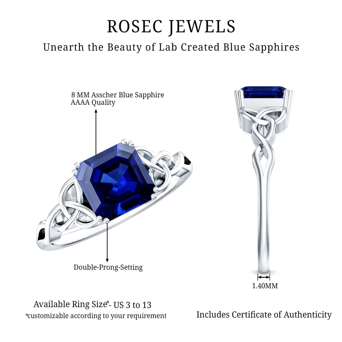 Blue Sapphire Engagement Ring, 4.8 Carat Asscher Cut Celtic Knot