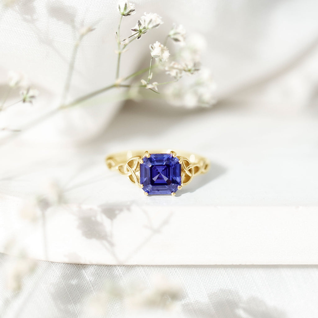 Blue Sapphire Engagement Ring, 4.8 Carat Asscher Cut Celtic Knot