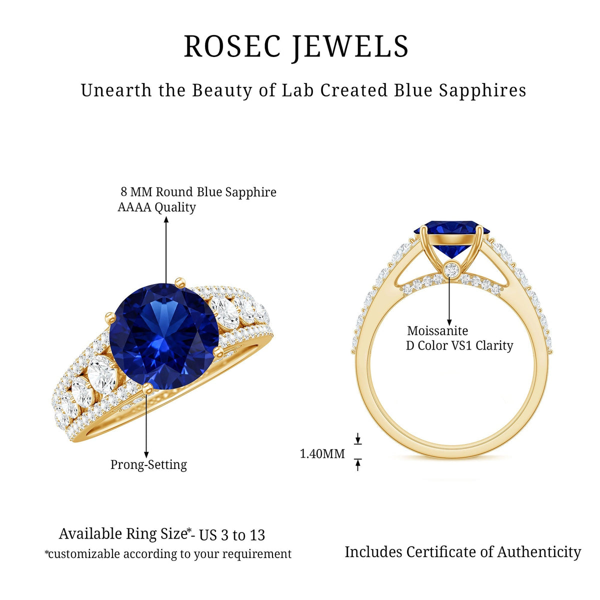 Blue Sapphire Engagement Ring, Created Moissanite Solitaire Ring