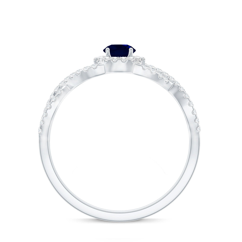 Blue Sapphire Engagement Ring, Criss Cross Shank Diamond Halo