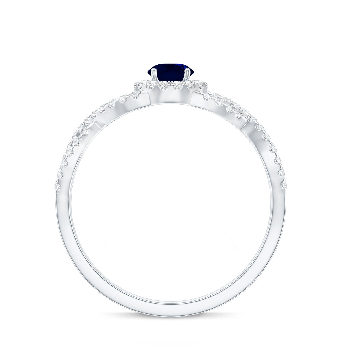 Blue Sapphire Engagement Ring, Criss Cross Shank Diamond Halo