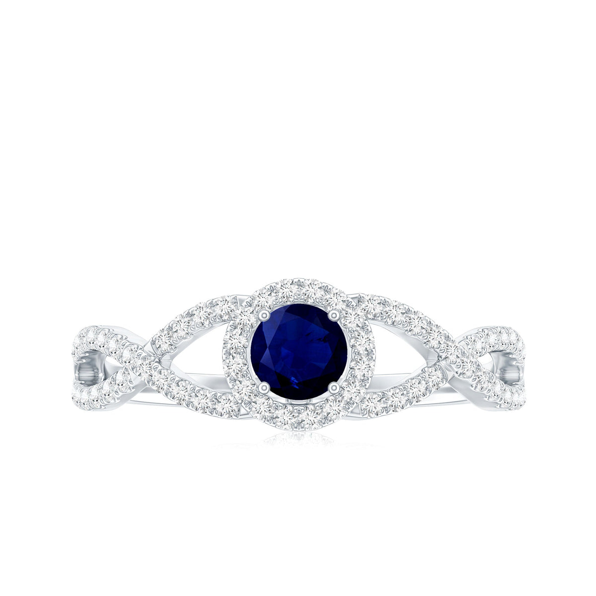 Blue Sapphire Engagement Ring, Criss Cross Shank Diamond Halo