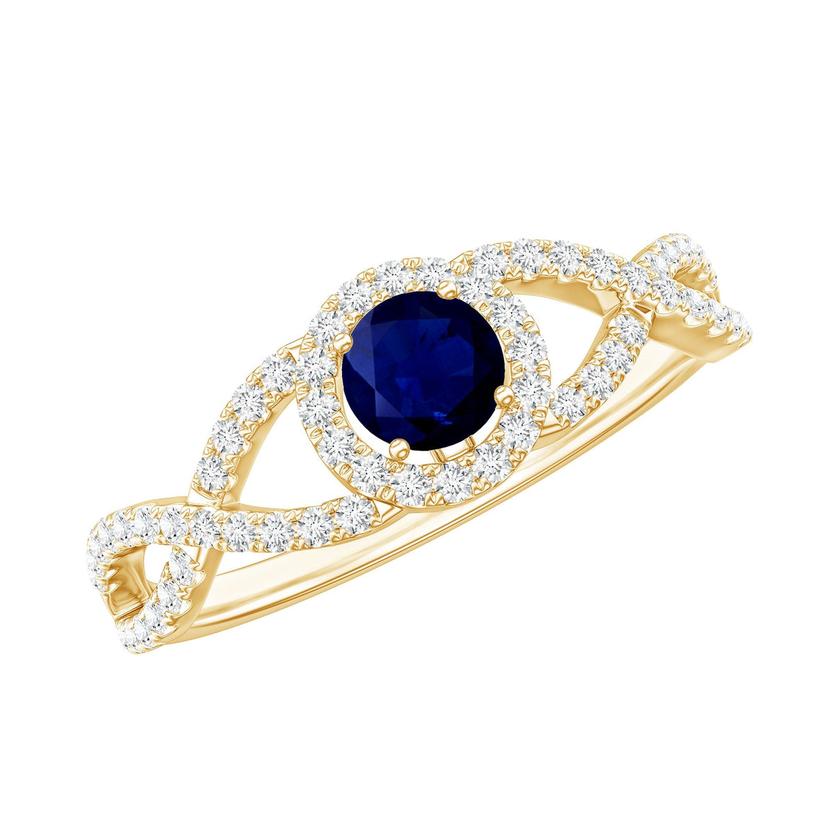 Blue Sapphire Engagement Ring, Criss Cross Shank Diamond Halo