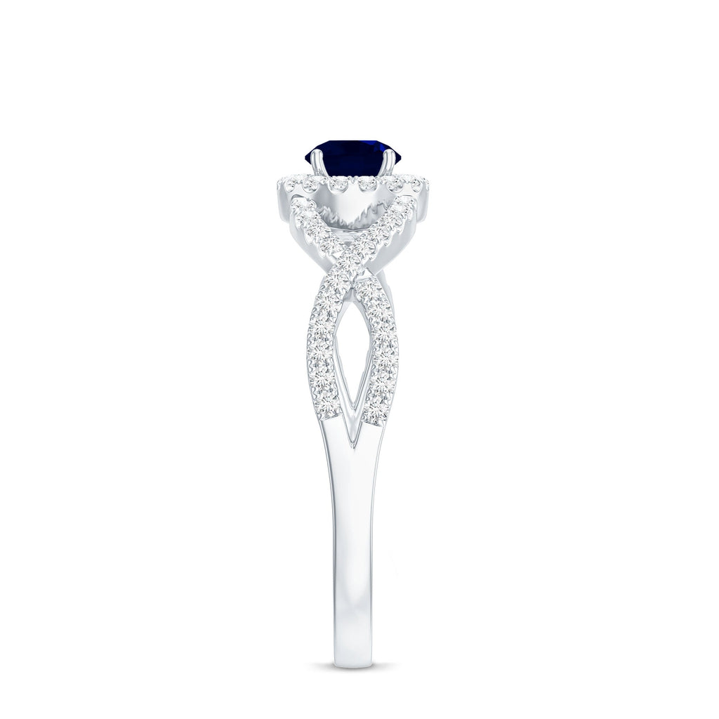 Blue Sapphire Engagement Ring, Criss Cross Shank Diamond Halo