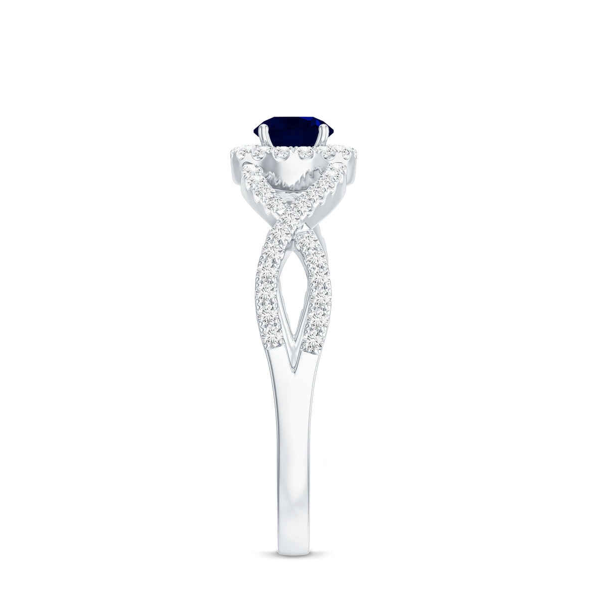 Blue Sapphire Engagement Ring, Criss Cross Shank Diamond Halo