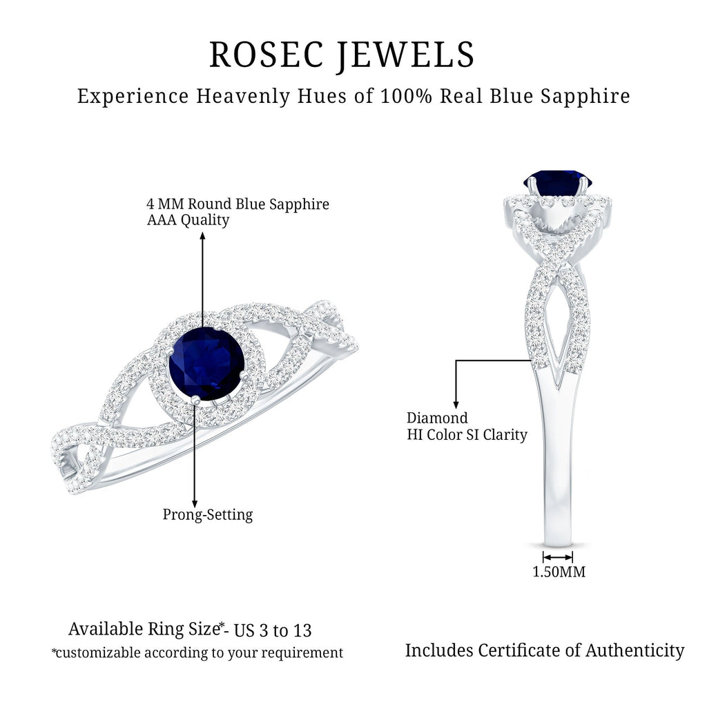 Blue Sapphire Engagement Ring, Criss Cross Shank Diamond Halo