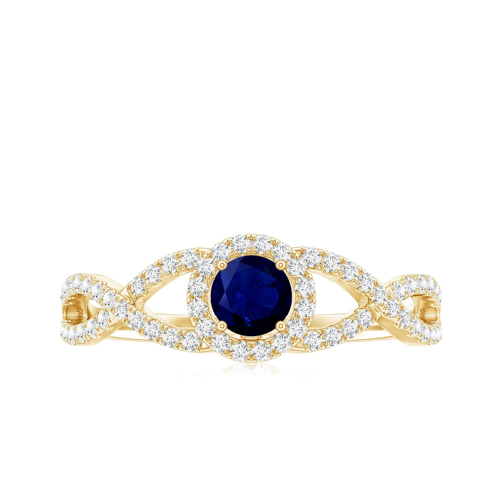 Blue Sapphire Engagement Ring, Criss Cross Shank Diamond Halo