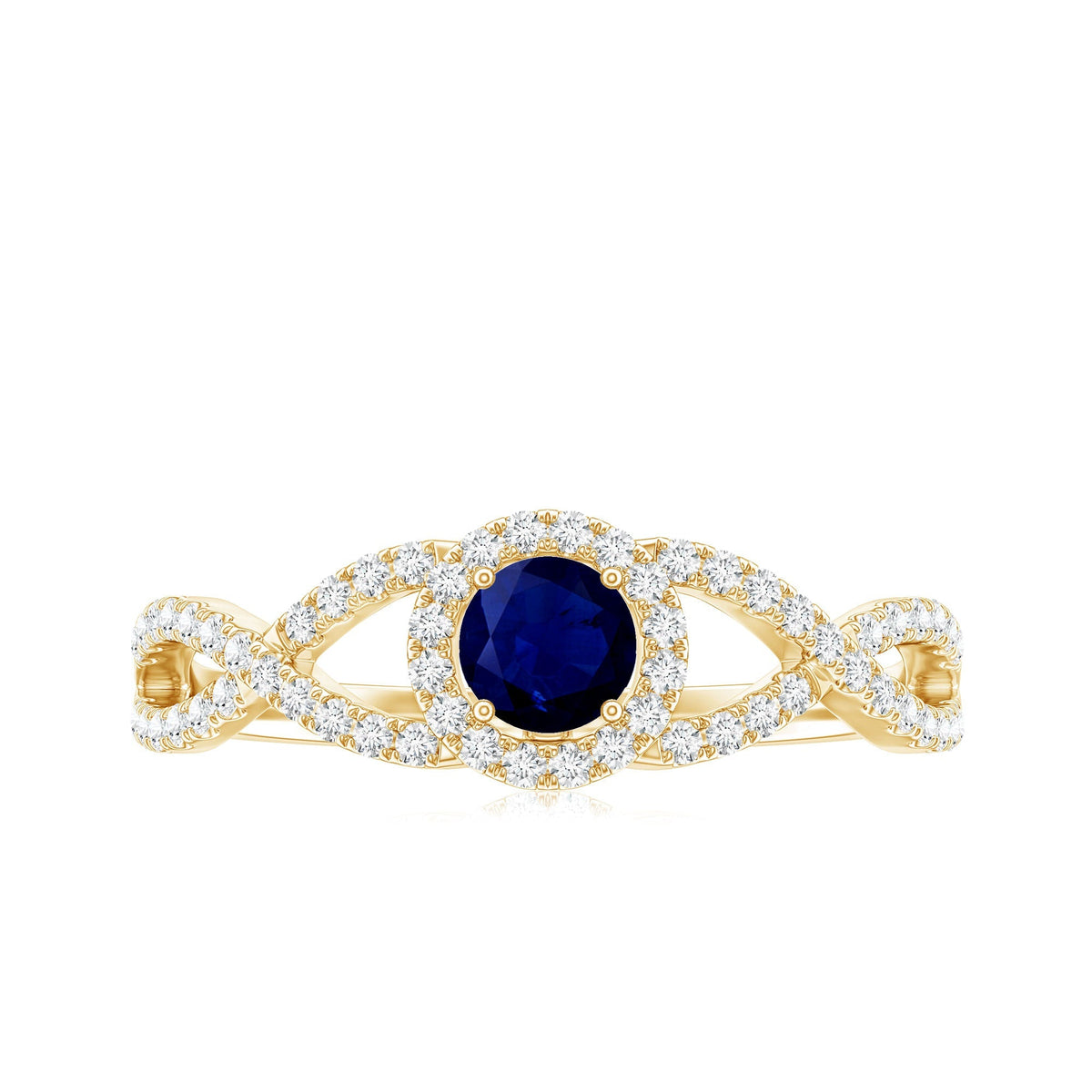 Blue Sapphire Engagement Ring, Criss Cross Shank Diamond Halo
