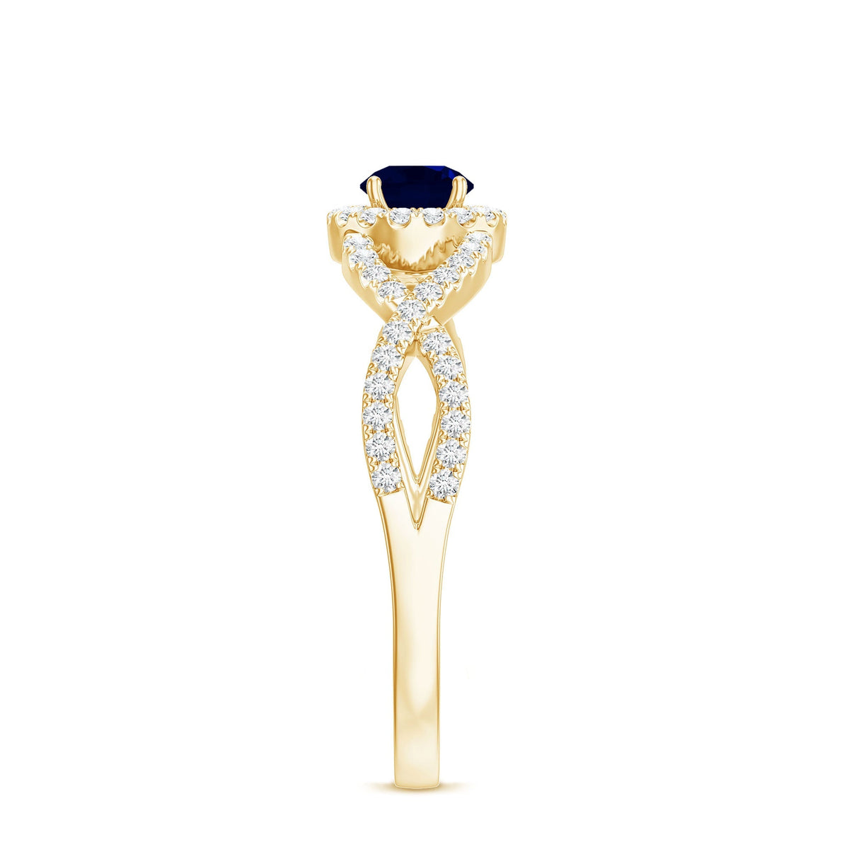 Blue Sapphire Engagement Ring, Criss Cross Shank Diamond Halo