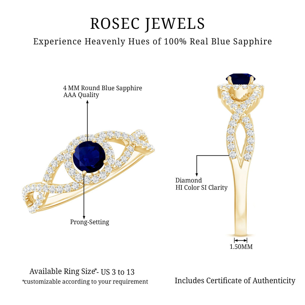 Blue Sapphire Engagement Ring, Criss Cross Shank Diamond Halo