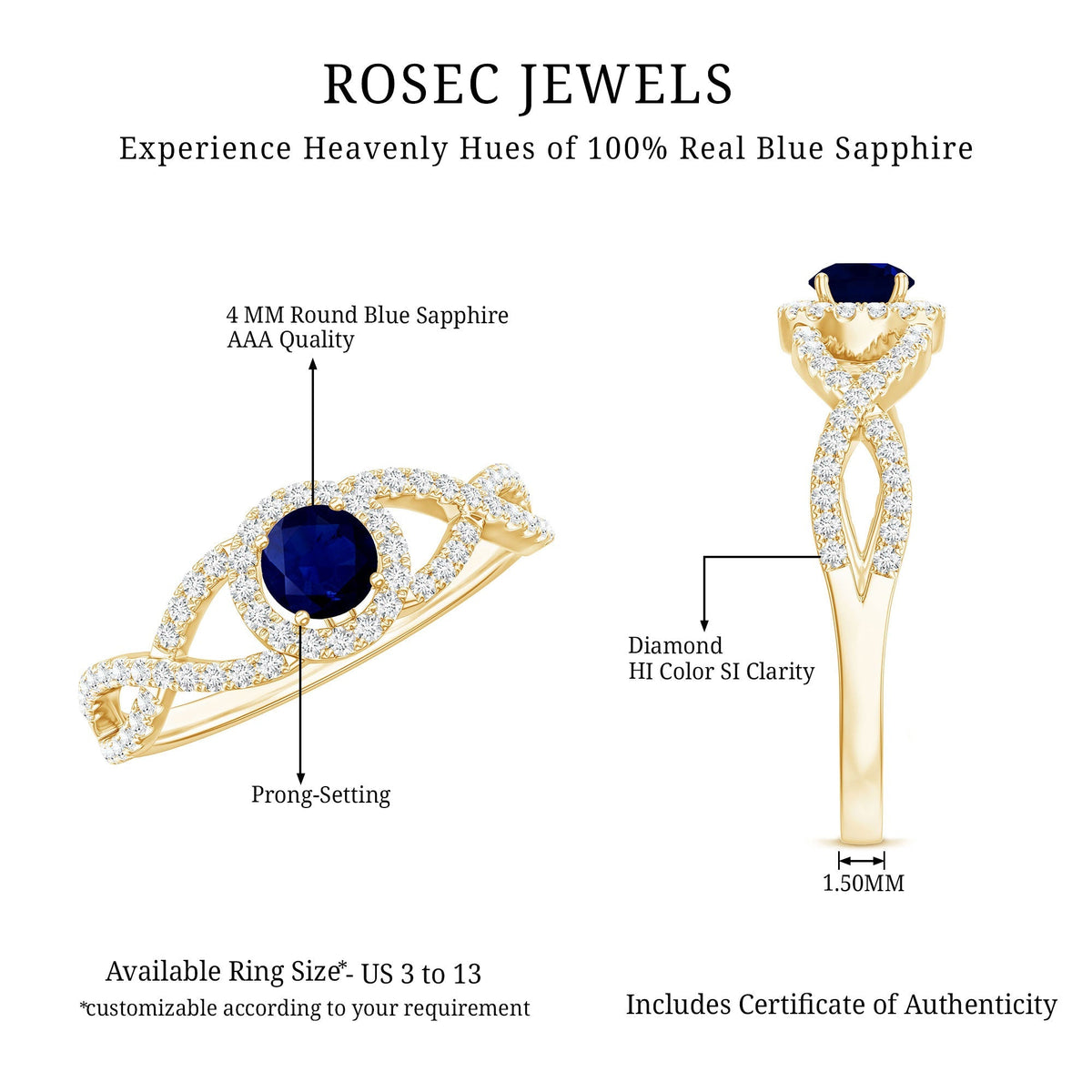 Blue Sapphire Engagement Ring, Criss Cross Shank Diamond Halo