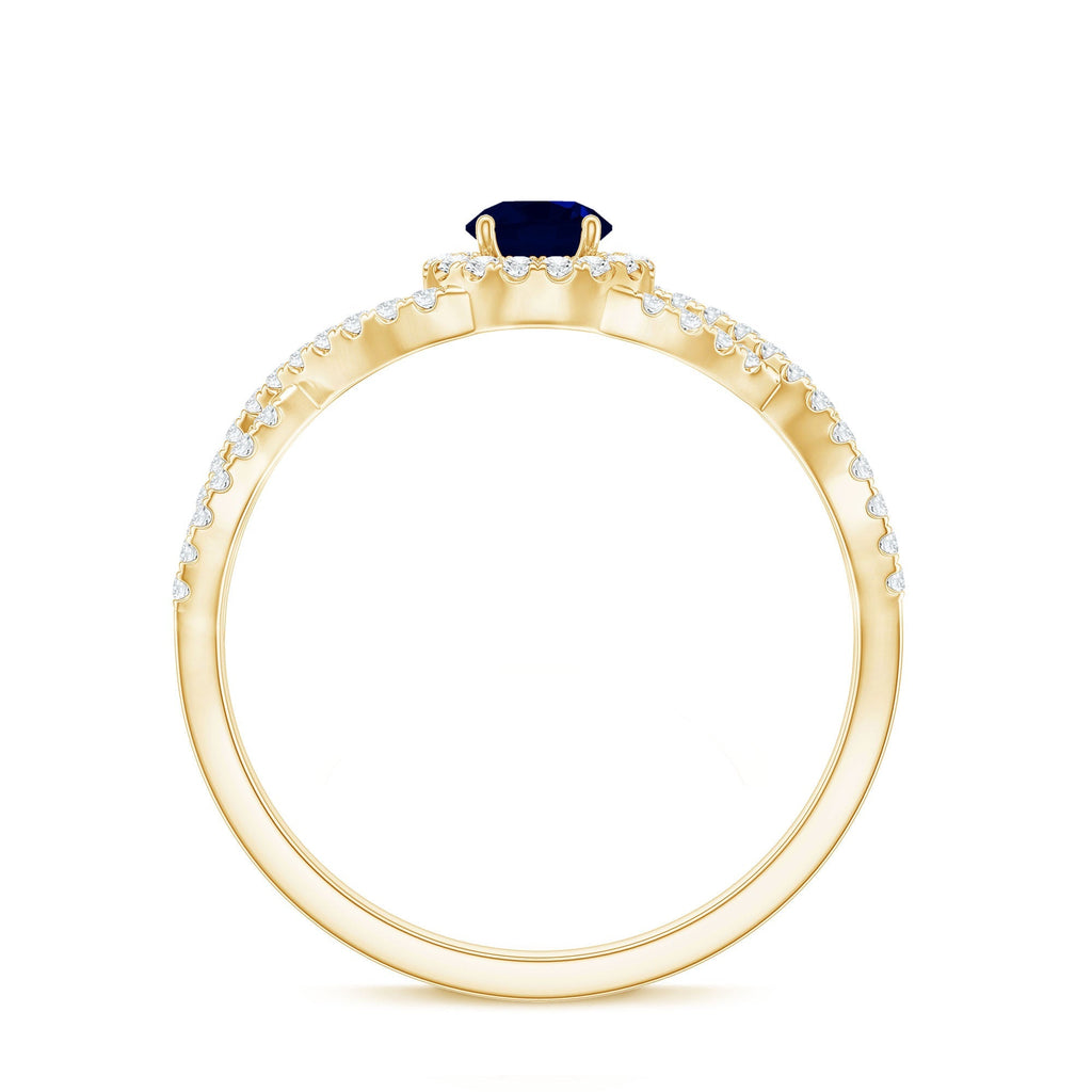 Blue Sapphire Engagement Ring, Criss Cross Shank Diamond Halo