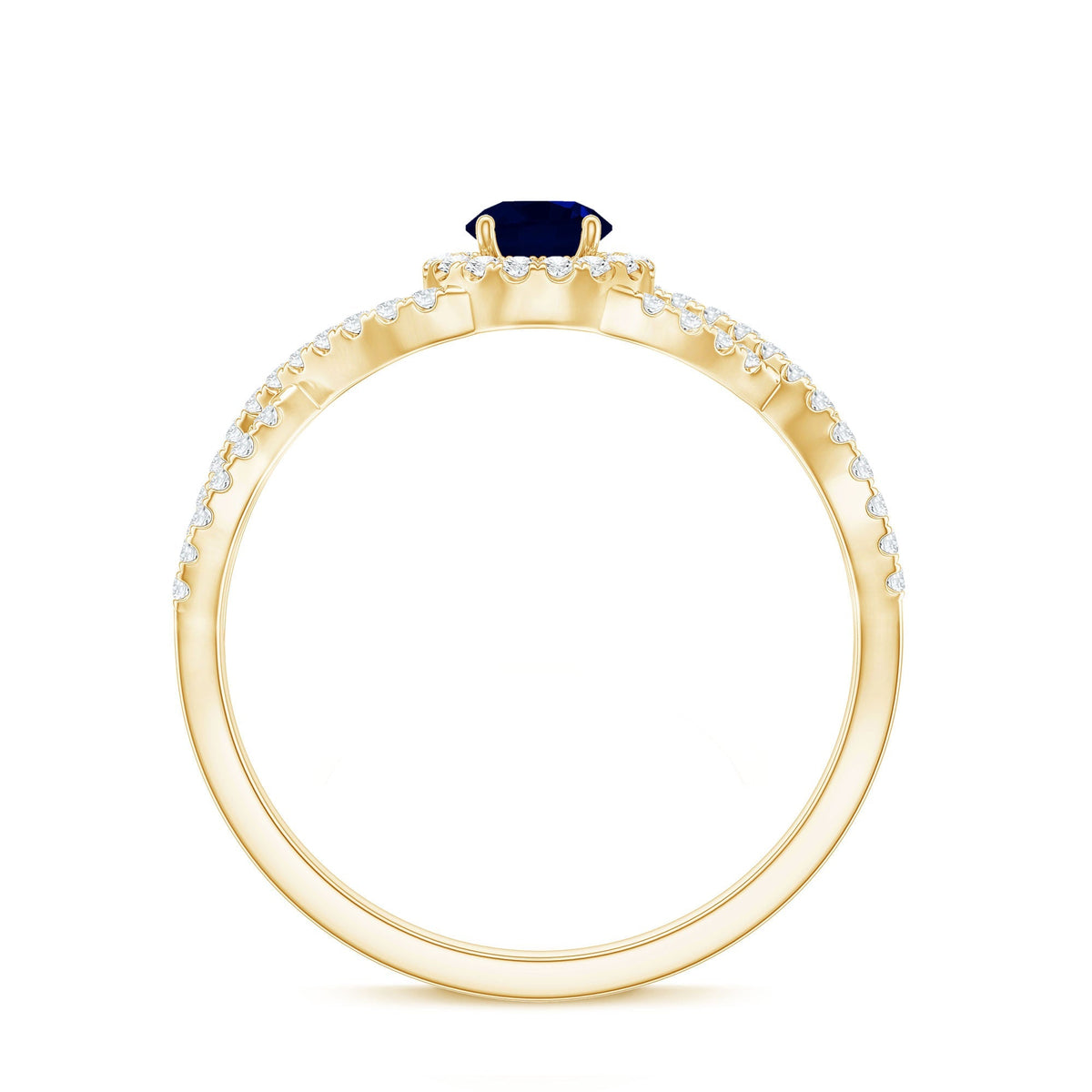 Blue Sapphire Engagement Ring, Criss Cross Shank Diamond Halo