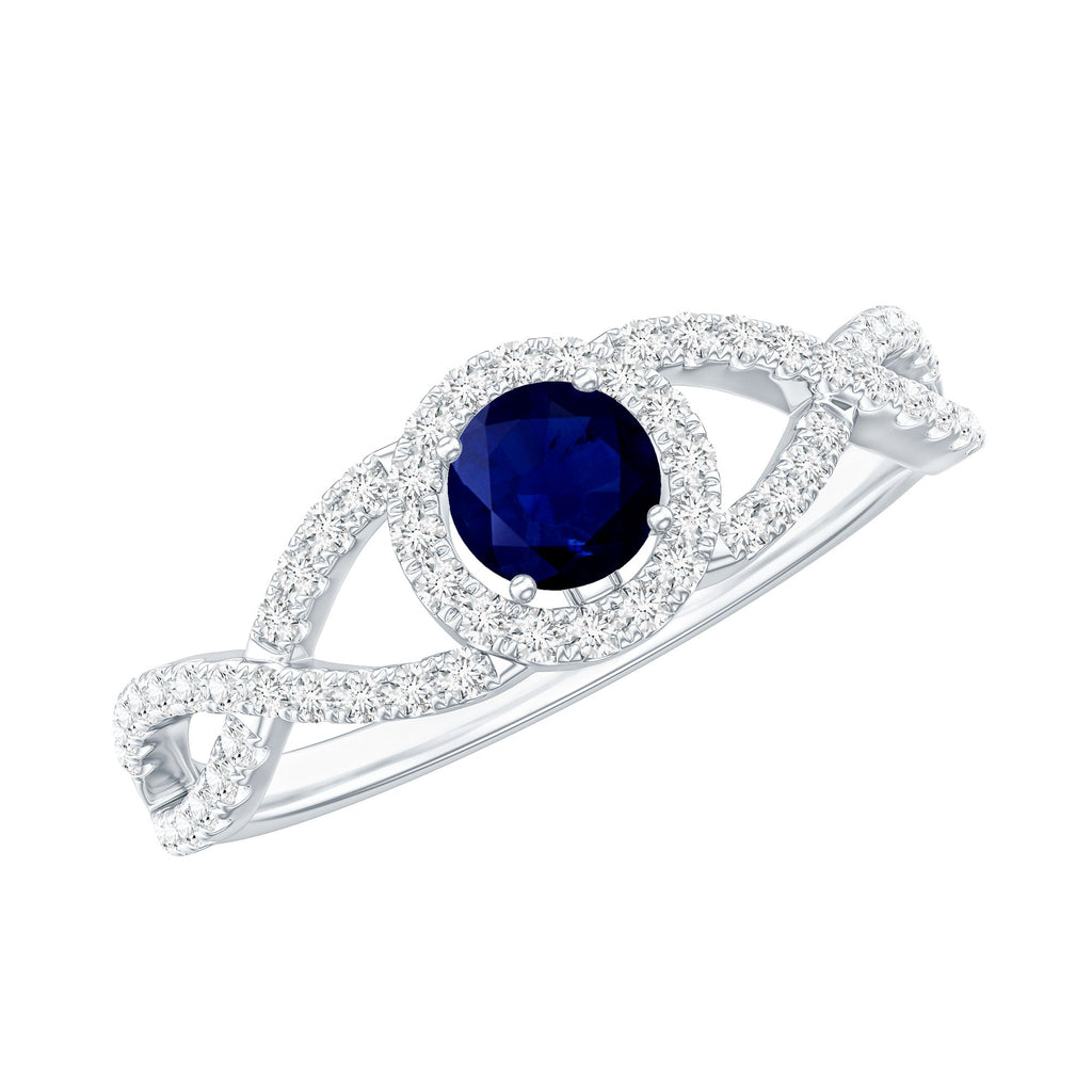 Blue Sapphire Engagement Ring, Criss Cross Shank Diamond Halo
