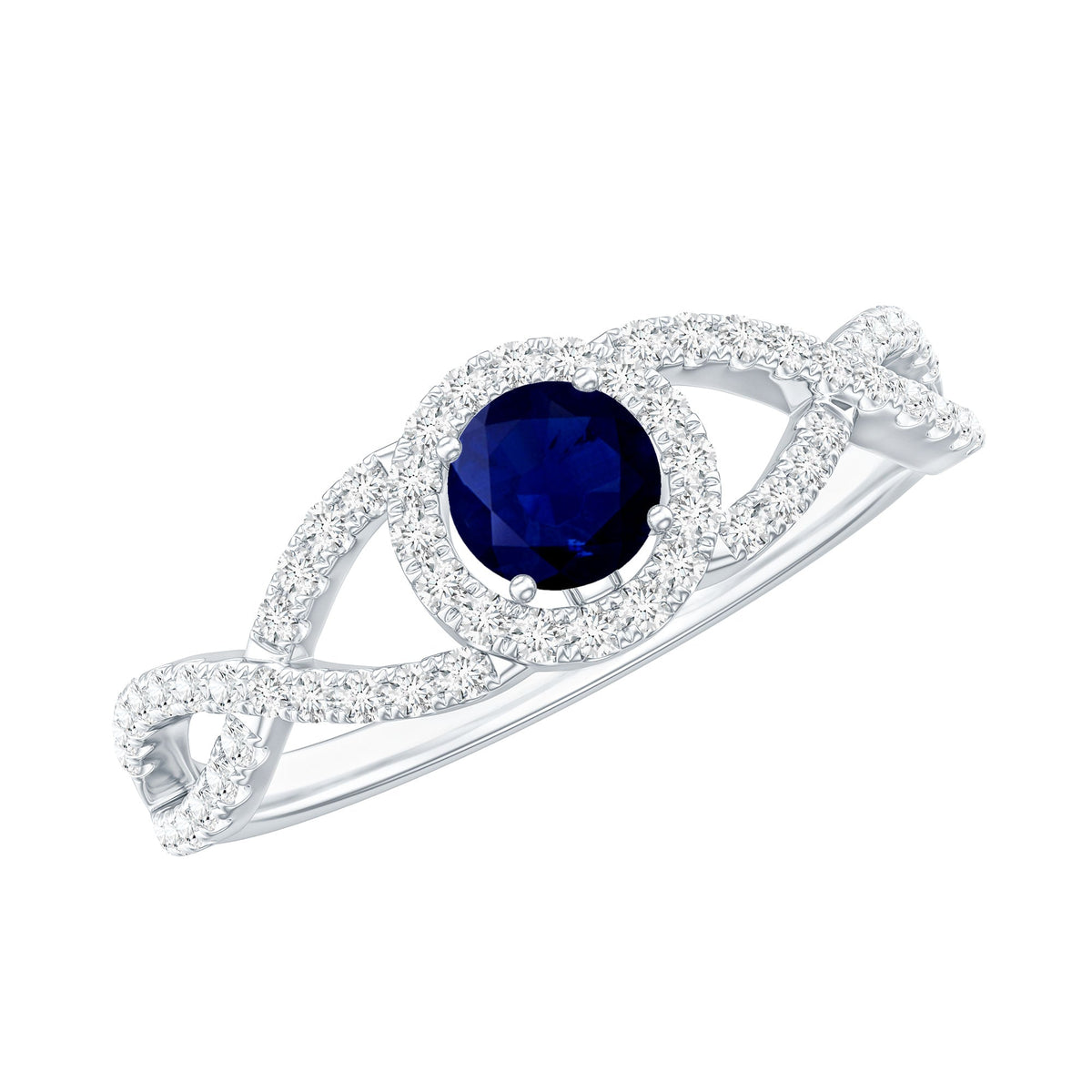 Blue Sapphire Engagement Ring, Criss Cross Shank Diamond Halo