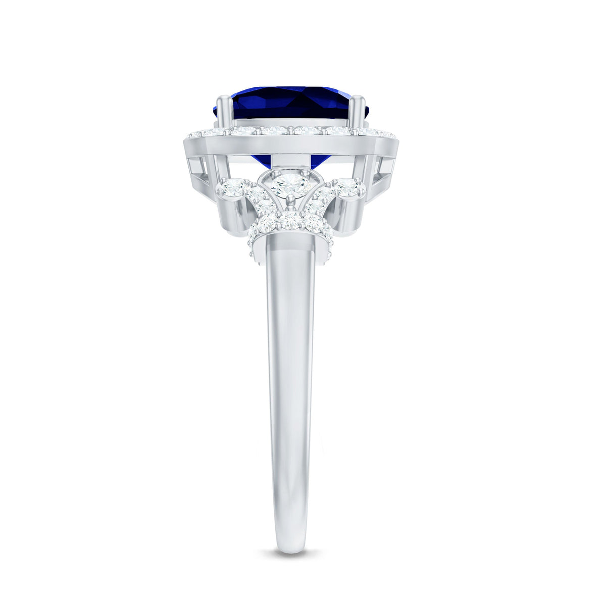 Blue Sapphire Engagement Ring, Cushion Cut, Diamond Accents