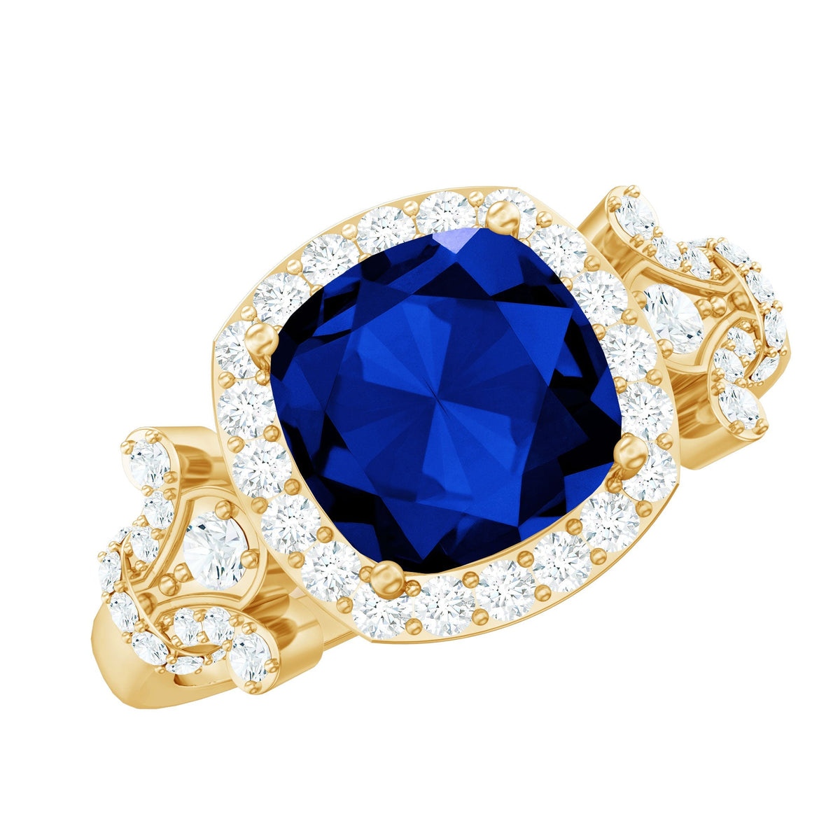Blue Sapphire Engagement Ring, Cushion Cut, Diamond Accents