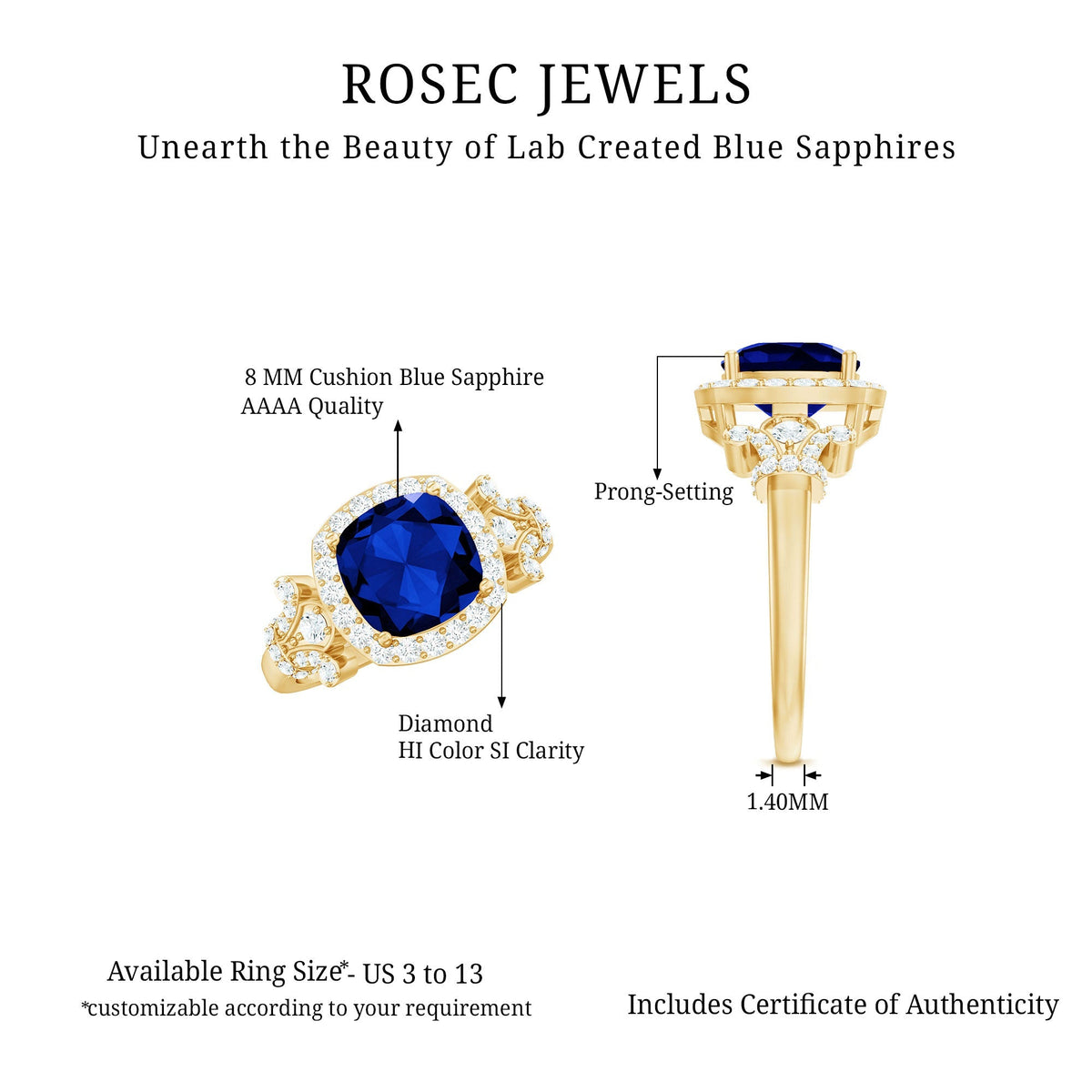 Blue Sapphire Engagement Ring, Cushion Cut, Diamond Accents