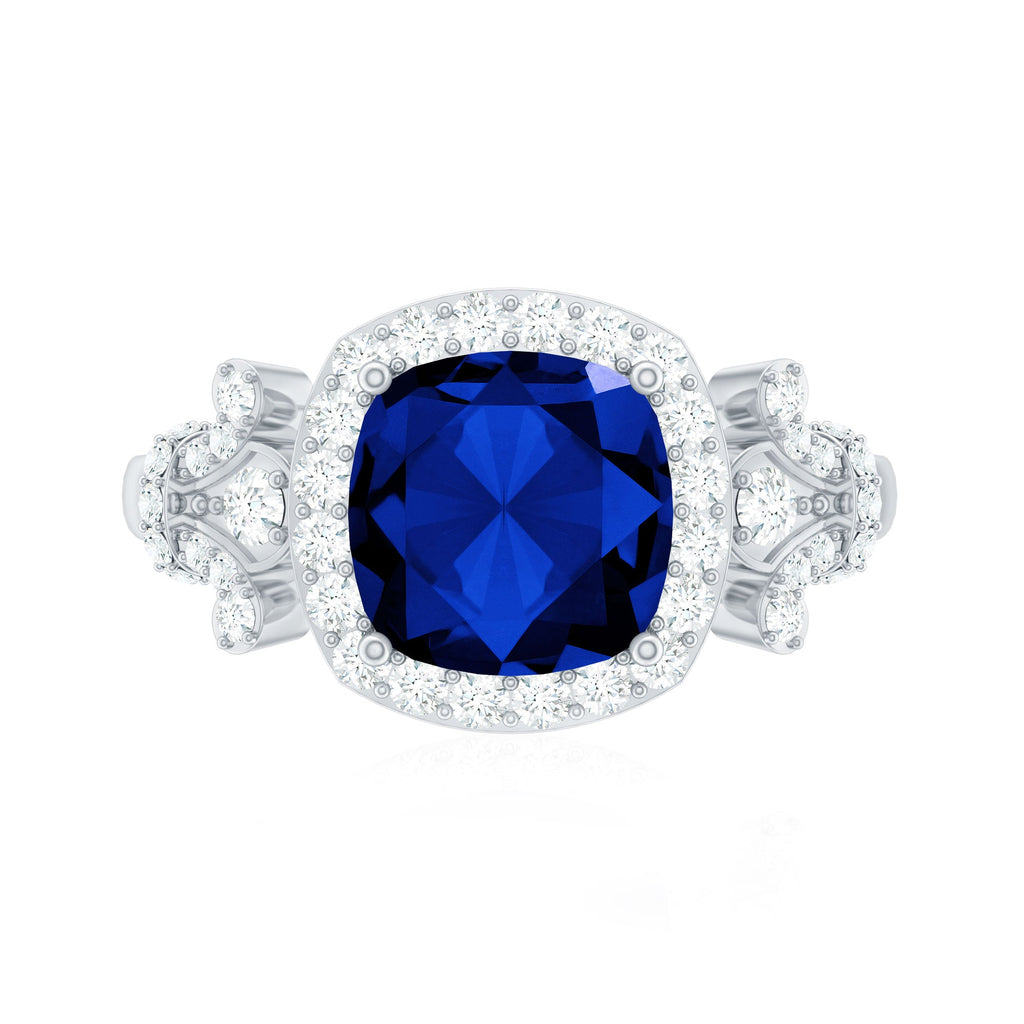 Blue Sapphire Engagement Ring, Cushion Cut, Diamond Accents