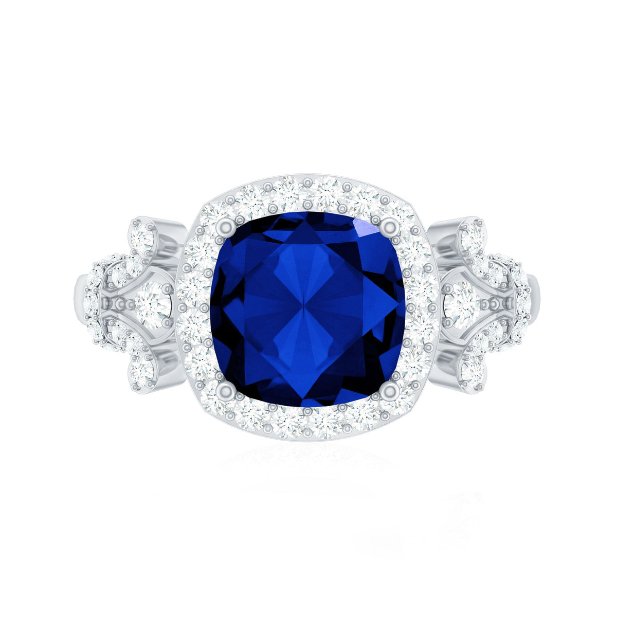 Blue Sapphire Engagement Ring, Cushion Cut, Diamond Accents