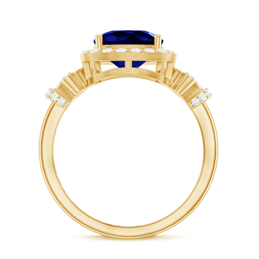 Blue Sapphire Engagement Ring, Cushion Cut, Diamond Accents