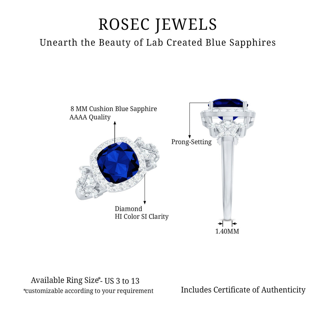 Blue Sapphire Engagement Ring, Cushion Cut, Diamond Accents