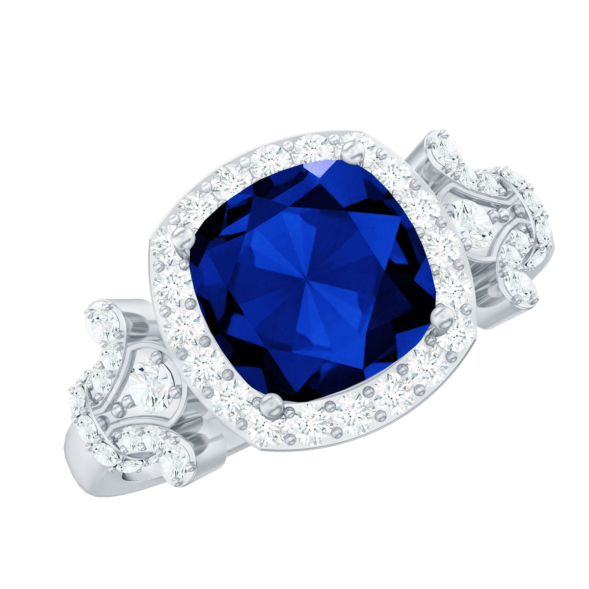 Blue Sapphire Engagement Ring, Cushion Cut, Diamond Accents