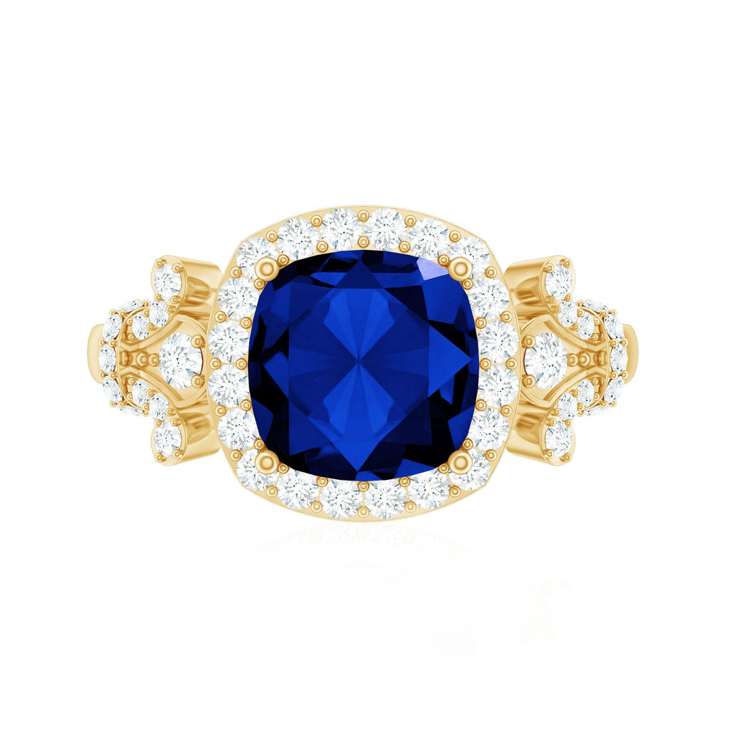 Blue Sapphire Engagement Ring, Cushion Cut, Diamond Accents