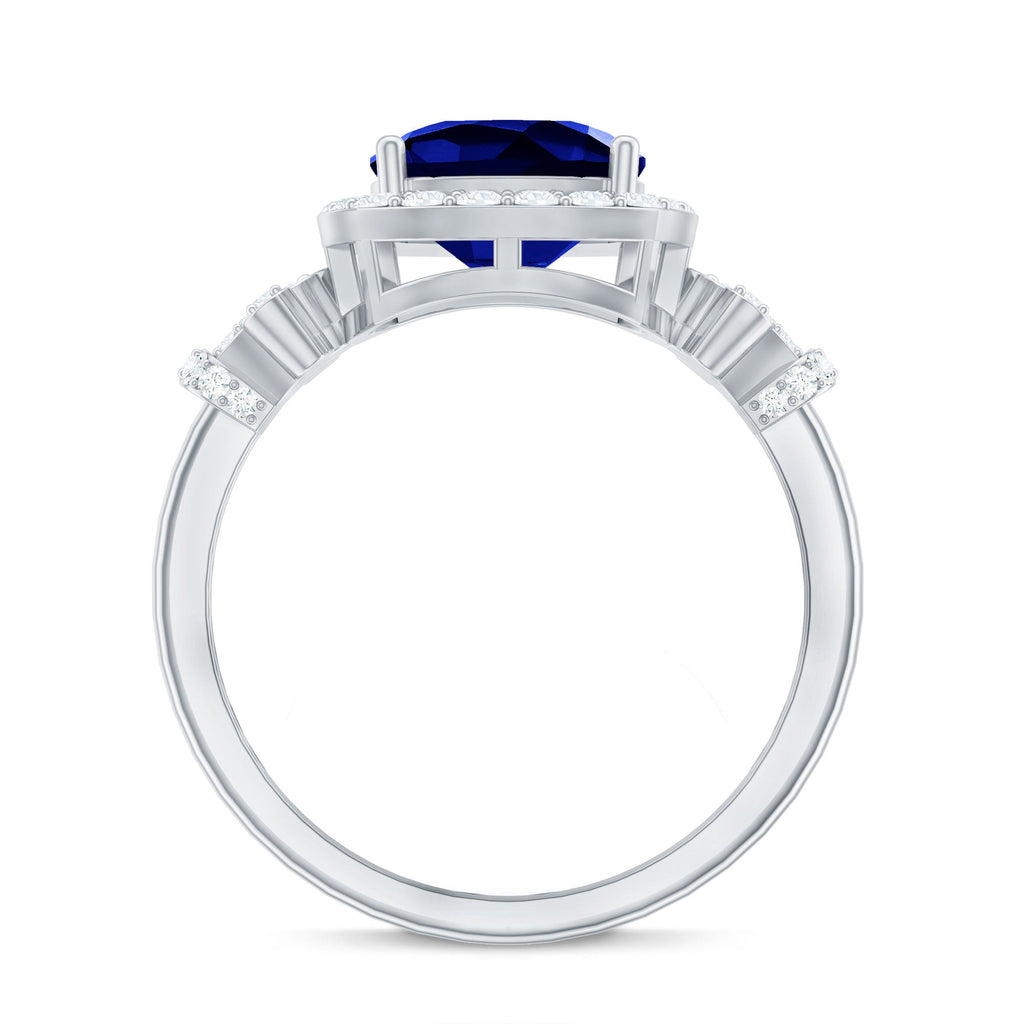 Blue Sapphire Engagement Ring, Cushion Cut, Diamond Accents