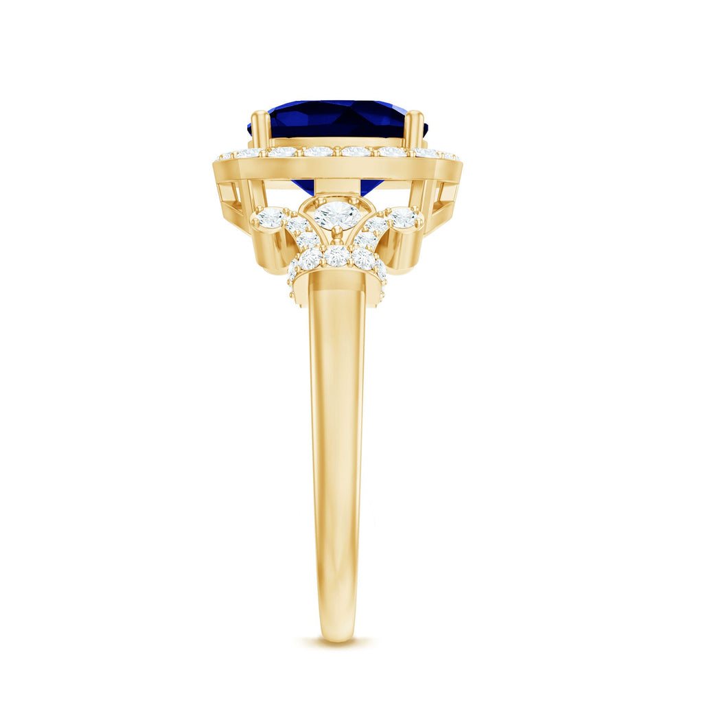 Blue Sapphire Engagement Ring, Cushion Cut, Diamond Accents