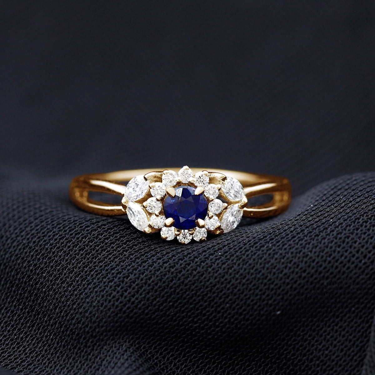 Blue Sapphire Engagement Ring, Diamond Flower Halo Split Shank